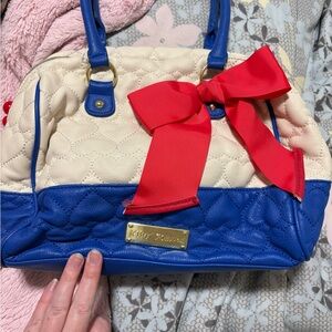Betsey Johnson Cream and Blue Satchel with Bow Accents